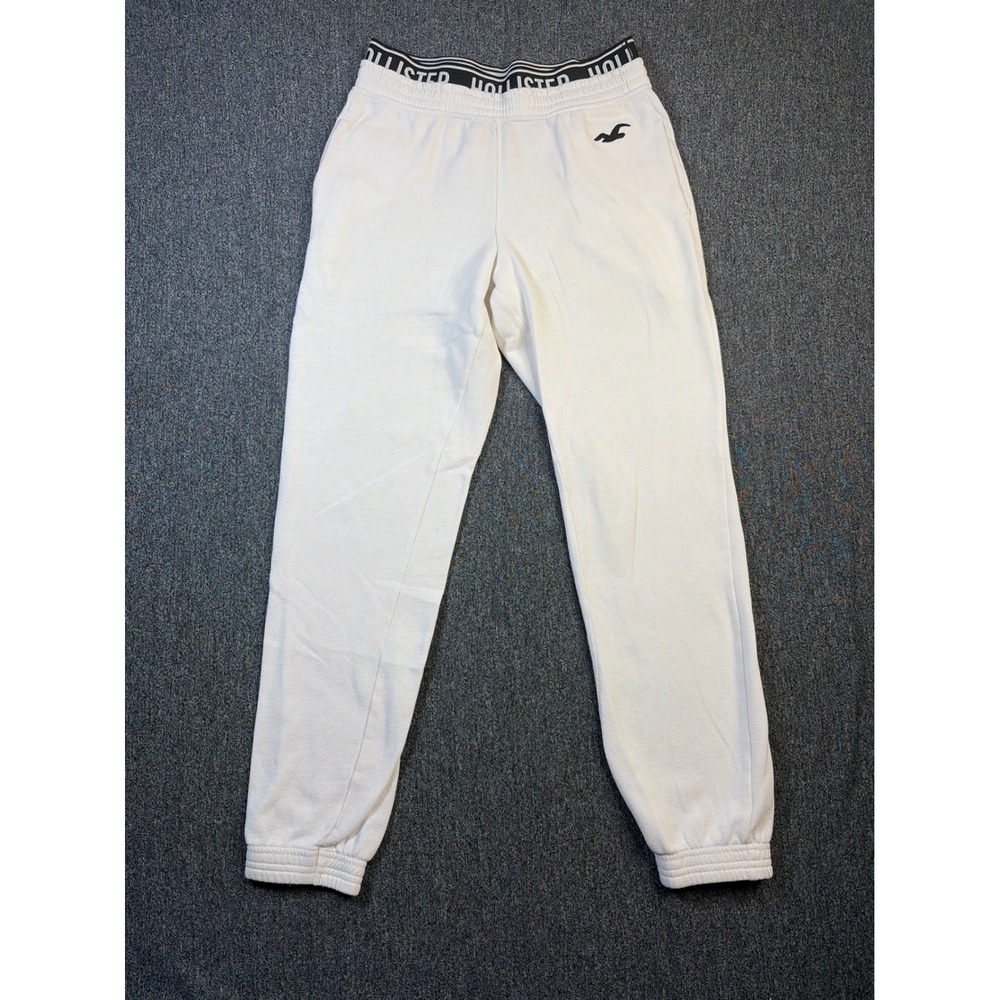 Hollister Womens XS White Fleece Jogger Sweatpants Logo Waistband Tapered Leg